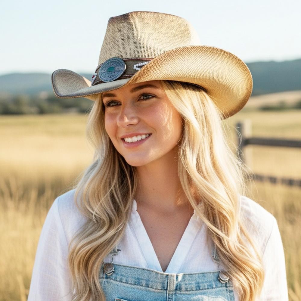 Straw Cowboy Hat With Beaded Band & Turquoise Concho - One Size Fits Most - 100% Paper view 2