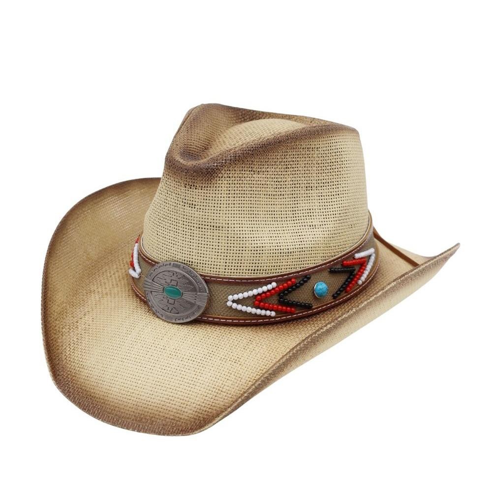 Straw Cowboy Hat With Beaded Band & Turquoise Concho - One Size Fits Most - 100% Paper view 4