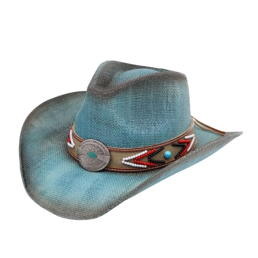 Straw Cowboy Hat With Beaded Band & Turquoise Concho - One Size Fits Most - 100% Paper view 4
