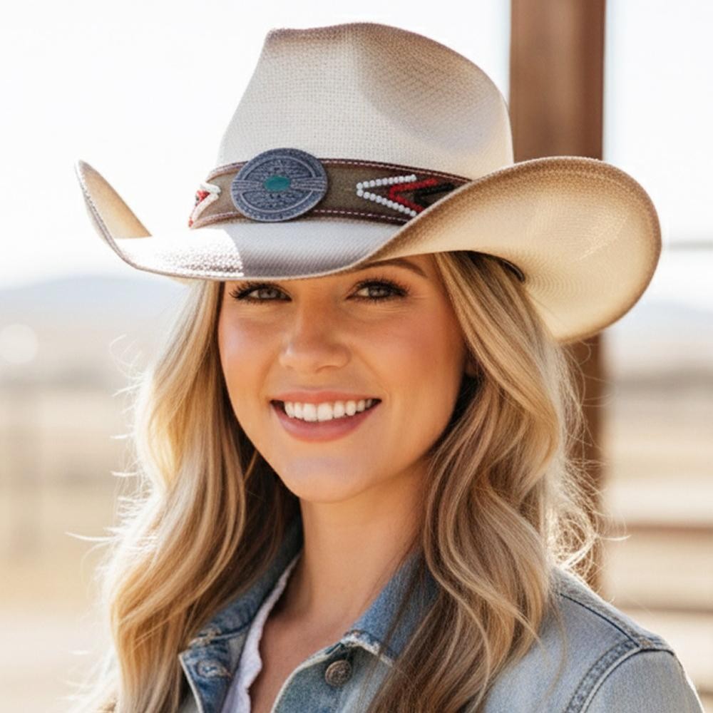 Straw Cowboy Hat With Beaded Band & Turquoise Concho - One Size Fits Most - 100% Paper view 2
