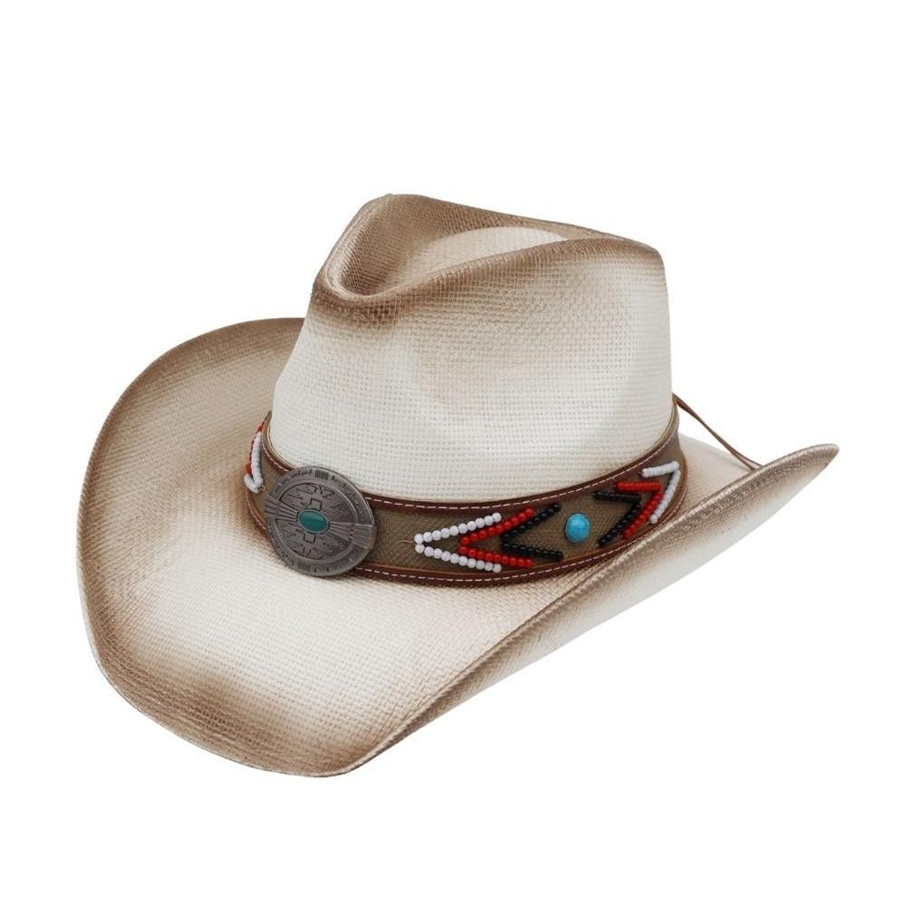 Straw Cowboy Hat With Beaded Band & Turquoise Concho - One Size Fits Most - 100% Paper view 4