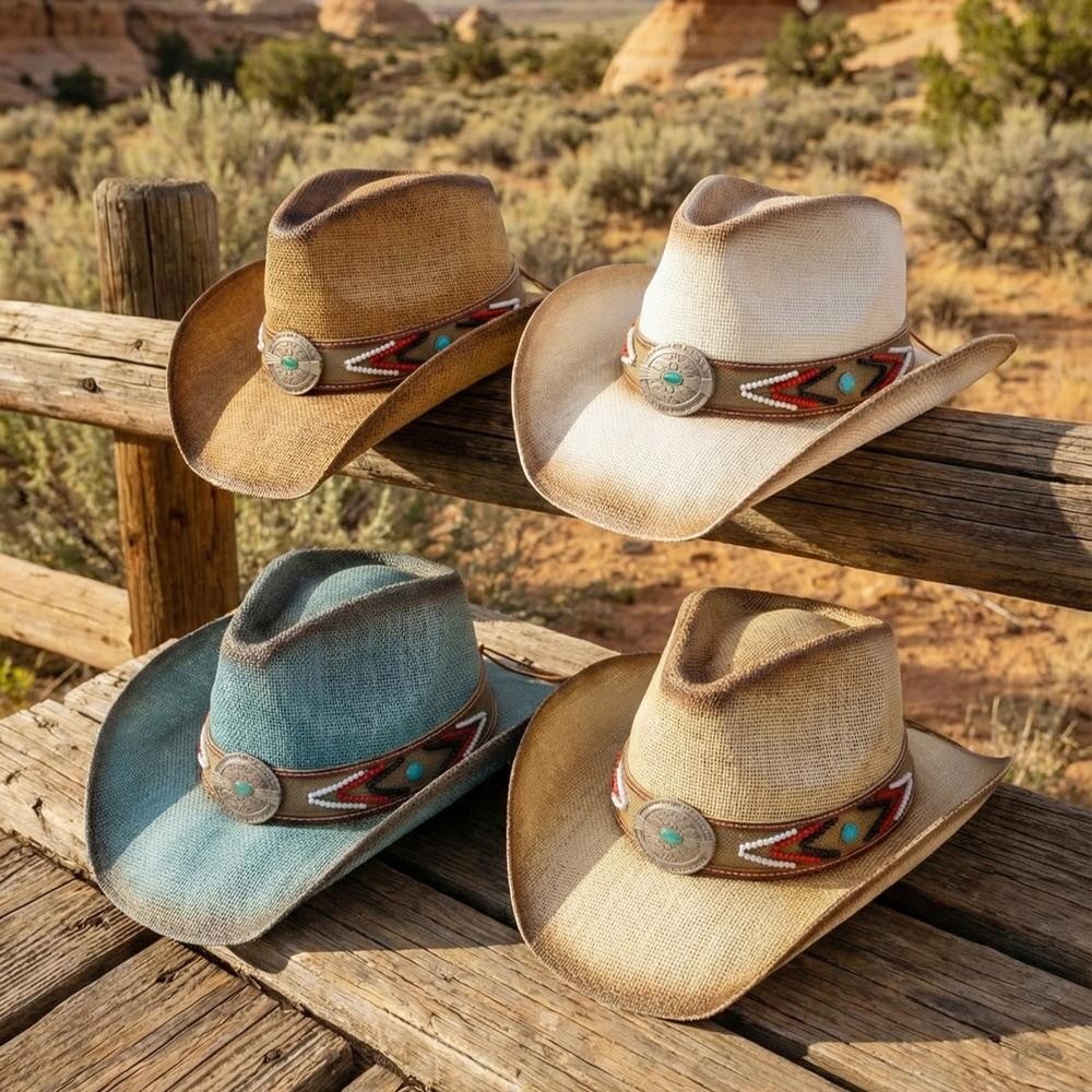 Straw Cowboy Hat With Beaded Band & Turquoise Concho - One Size Fits Most - 100% Paper view 6