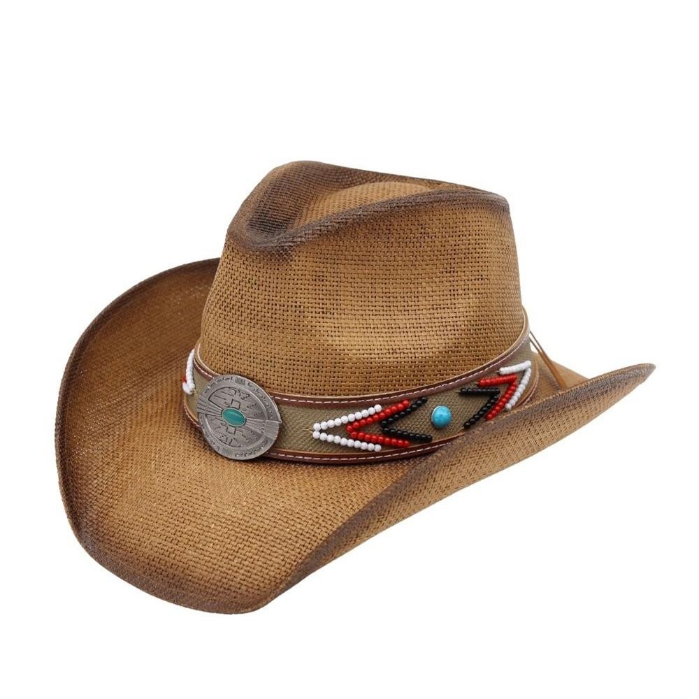 Straw Cowboy Hat With Beaded Band & Turquoise Concho - One Size Fits Most - 100% Paper view 4