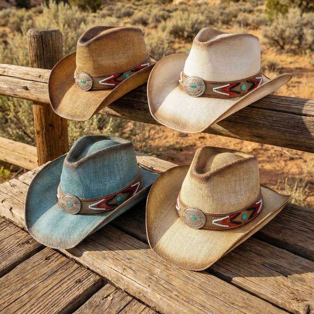 Straw Cowboy Hat With Beaded Band & Turquoise Concho - One Size Fits Most - 100% Paper view 6