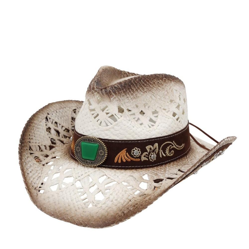 Straw Cowboy Hat With Floral Embroidery & Stone Band - One Size Fits Most - 100% Paper view 4