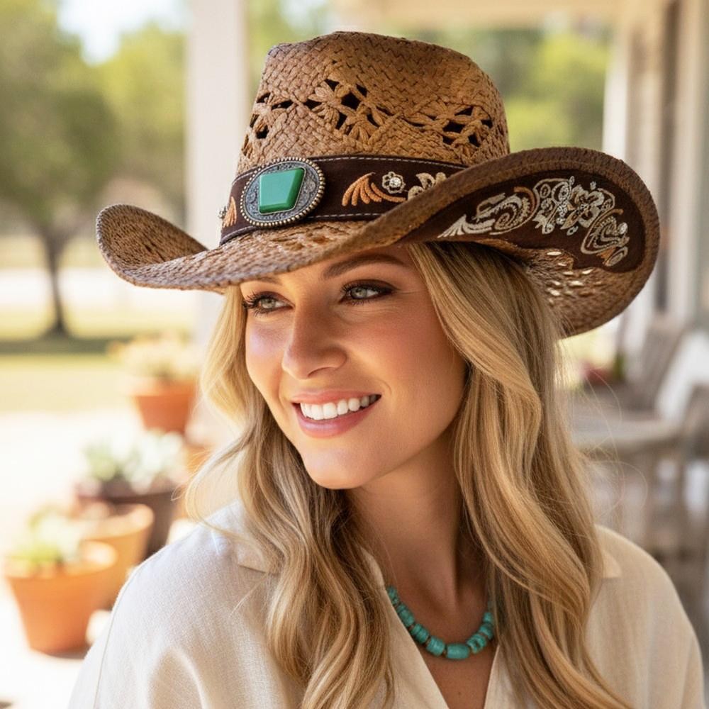 Straw Cowboy Hat With Floral Embroidery & Stone Band - One Size Fits Most - 100% Paper view 2