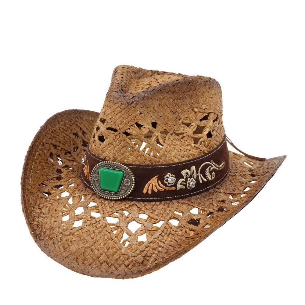 Straw Cowboy Hat With Floral Embroidery & Stone Band - One Size Fits Most - 100% Paper view 4
