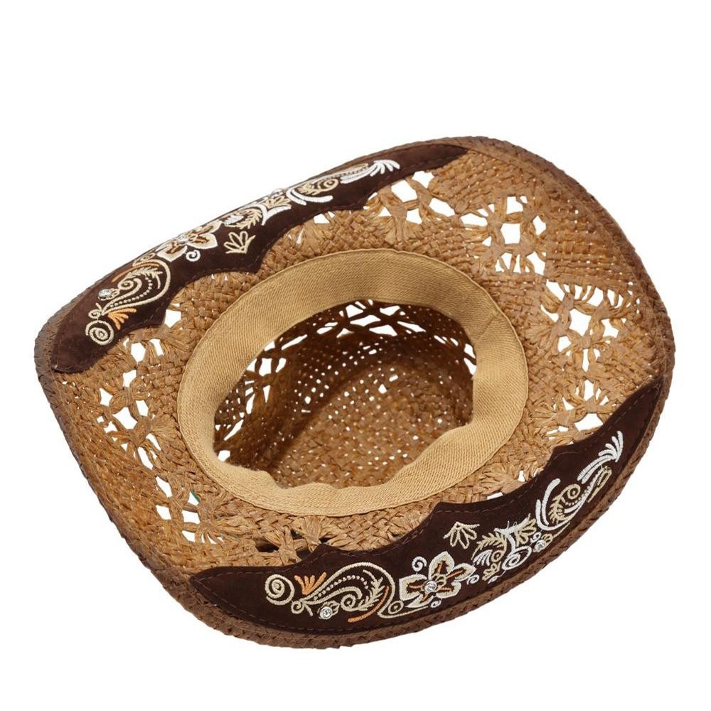Straw Cowboy Hat With Floral Embroidery & Stone Band - One Size Fits Most - 100% Paper view 6