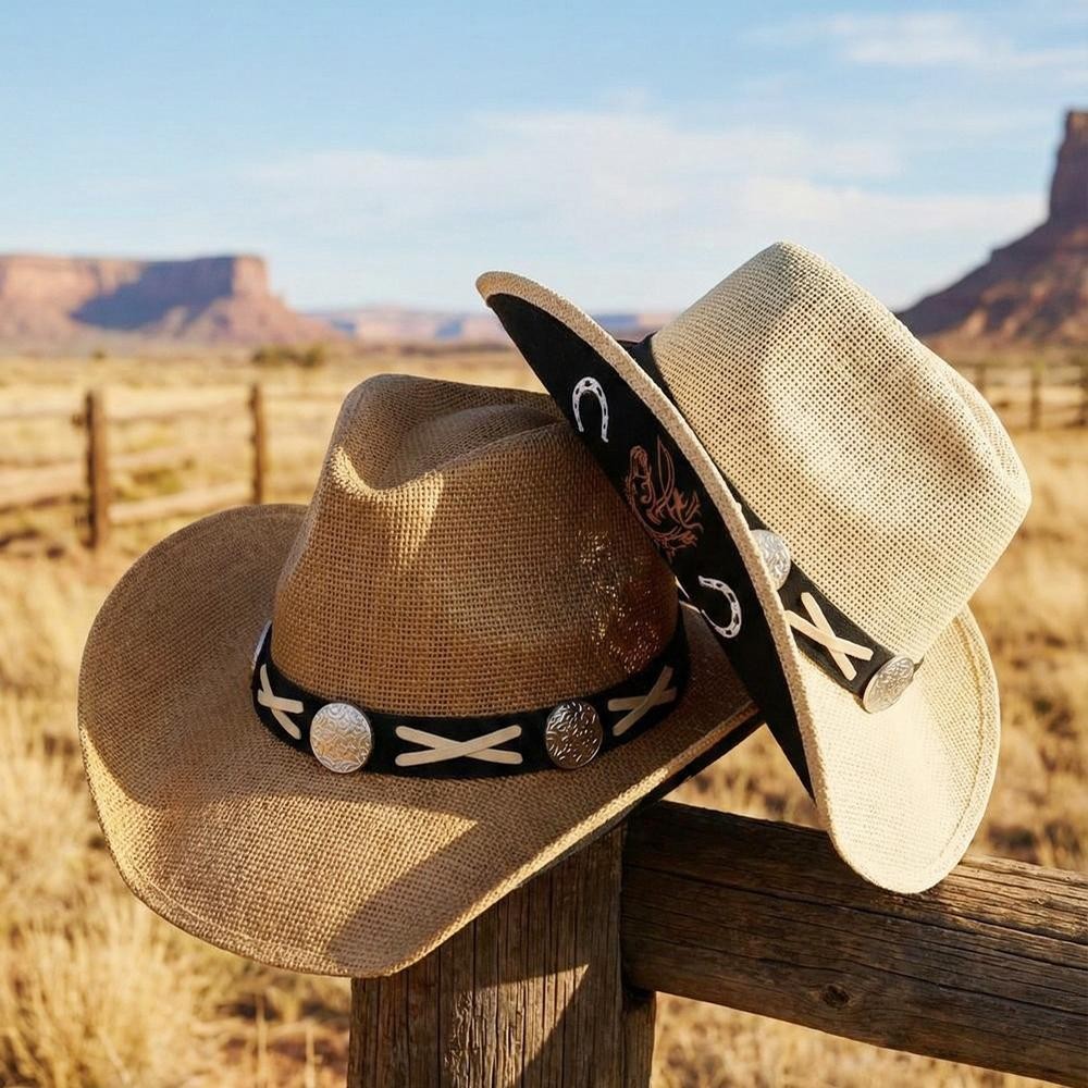 Straw Cowboy Hat With Suede Under-Brim & Embroidered Detail With X-Lace & Concho Brim - One Size Fits Most - 100% Paper view 6