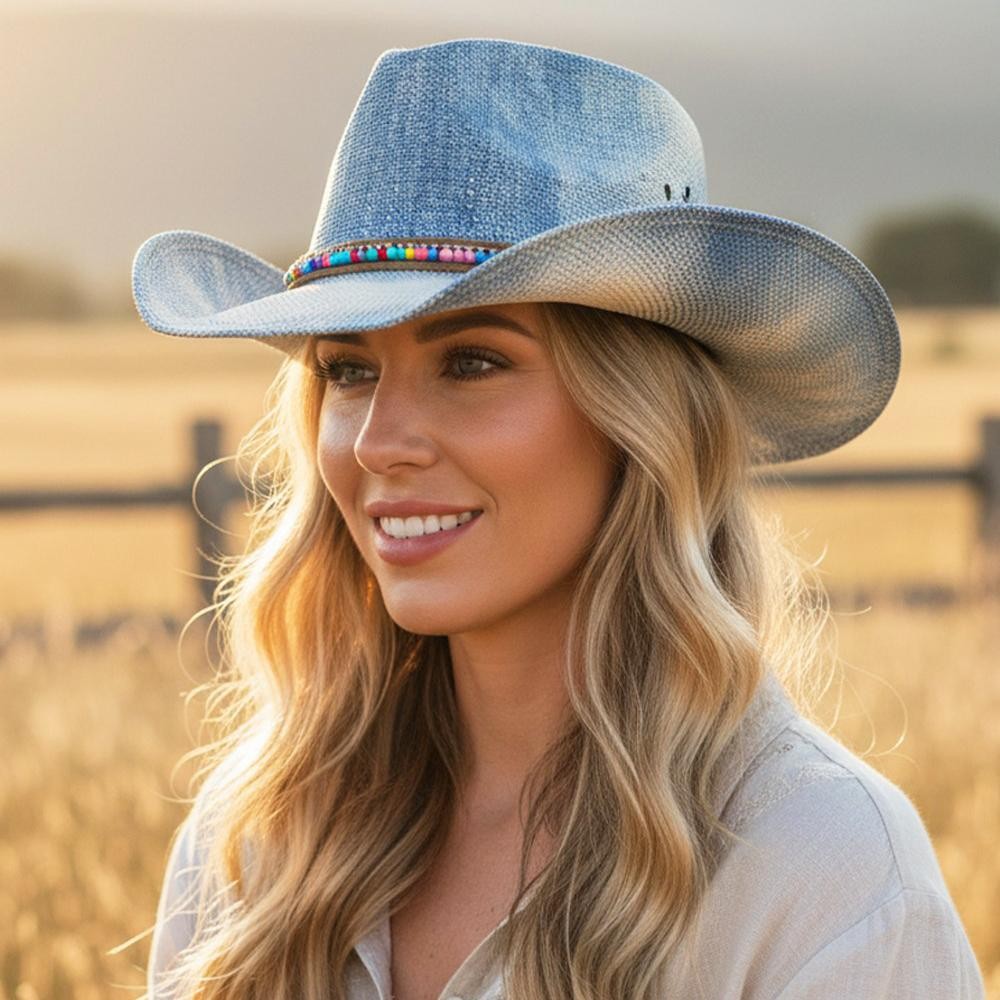 Rustic Straw Cowboy Hat With Bead & Rhinestone Band - One Size Fits Most - 100% Paper view 2