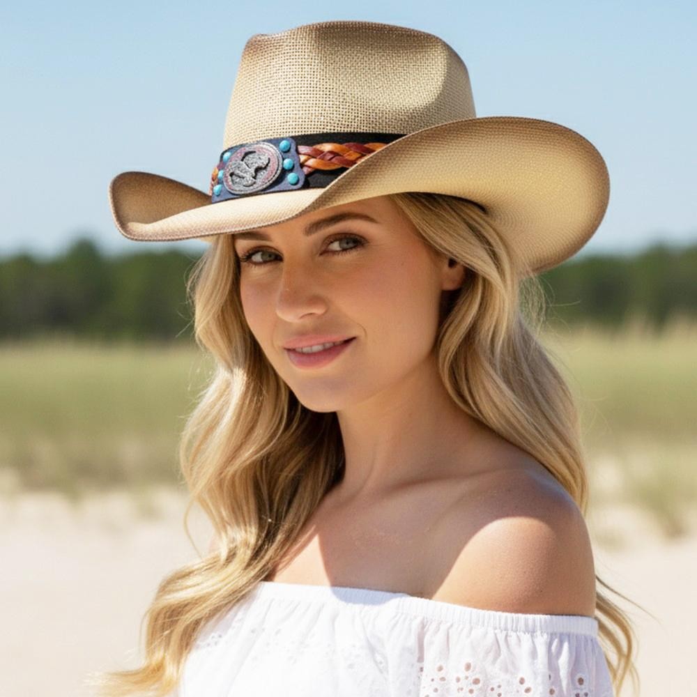 Straw Cowboy Hat With Americana Eagle Concho & Multi Color Vegan Leather Band - One Size Fits Most - 100% Paper view 2