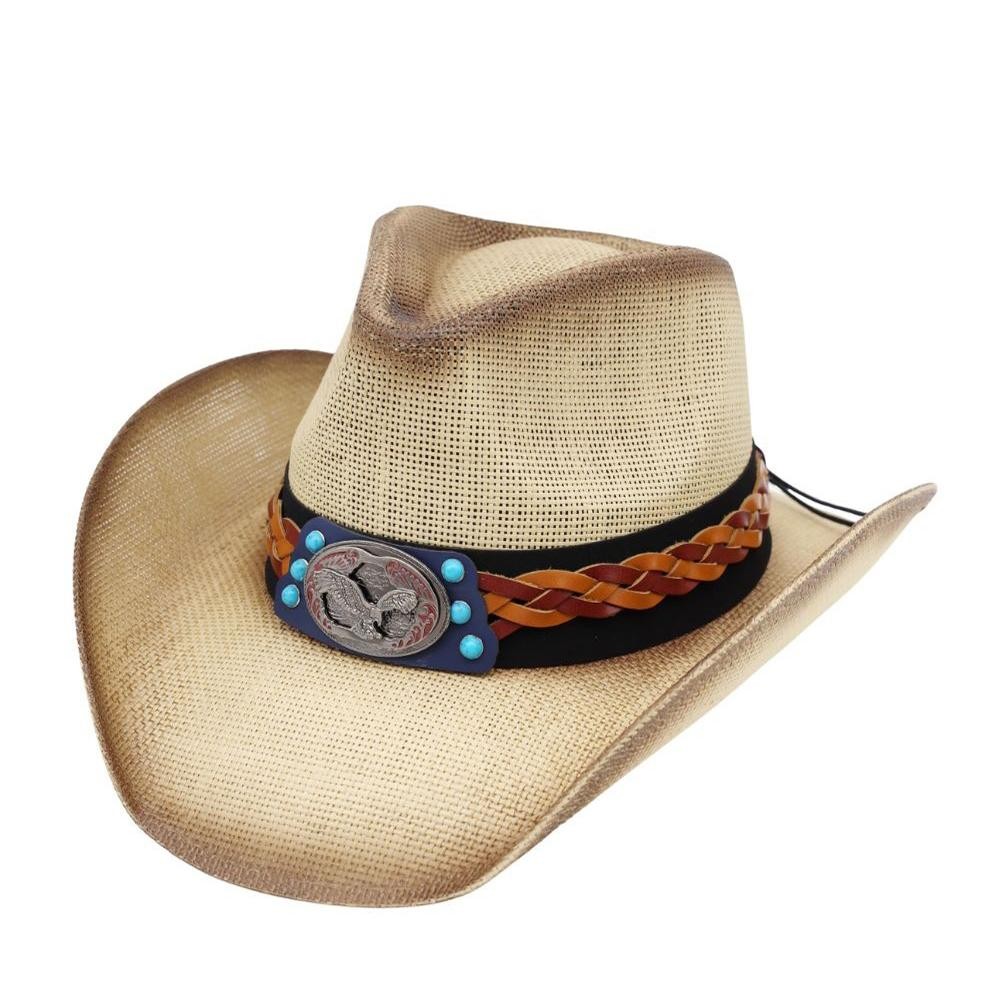 Straw Cowboy Hat With Americana Eagle Concho & Multi Color Vegan Leather Band - One Size Fits Most - 100% Paper view 4