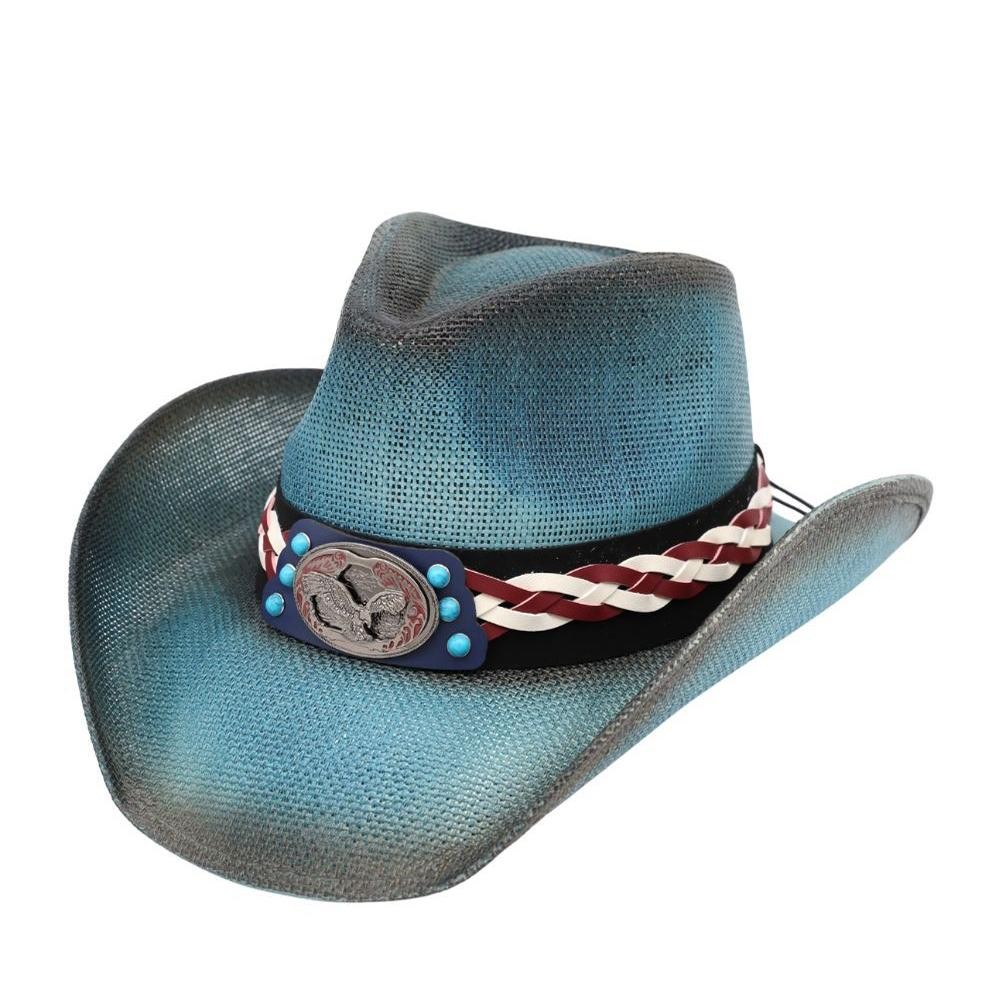 Straw Cowboy Hat With Americana Eagle Concho & Multi Color Vegan Leather Band - One Size Fits Most - 100% Paper view 4