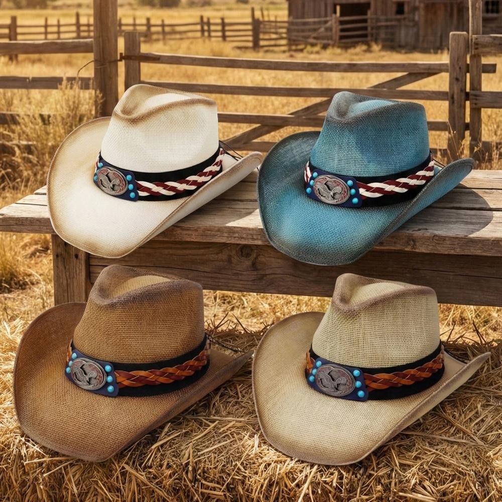Straw Cowboy Hat With Americana Eagle Concho & Multi Color Vegan Leather Band - One Size Fits Most - 100% Paper view 6