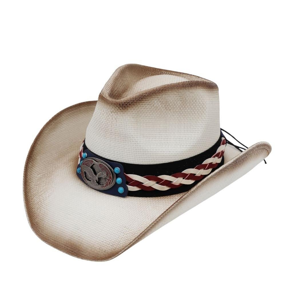 Straw Cowboy Hat With Americana Eagle Concho & Multi Color Vegan Leather Band - One Size Fits Most - 100% Paper view 4