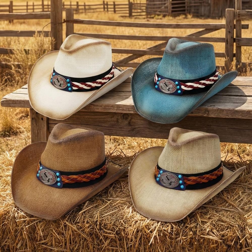Straw Cowboy Hat With Americana Eagle Concho & Multi Color Vegan Leather Band - One Size Fits Most - 100% Paper view 6