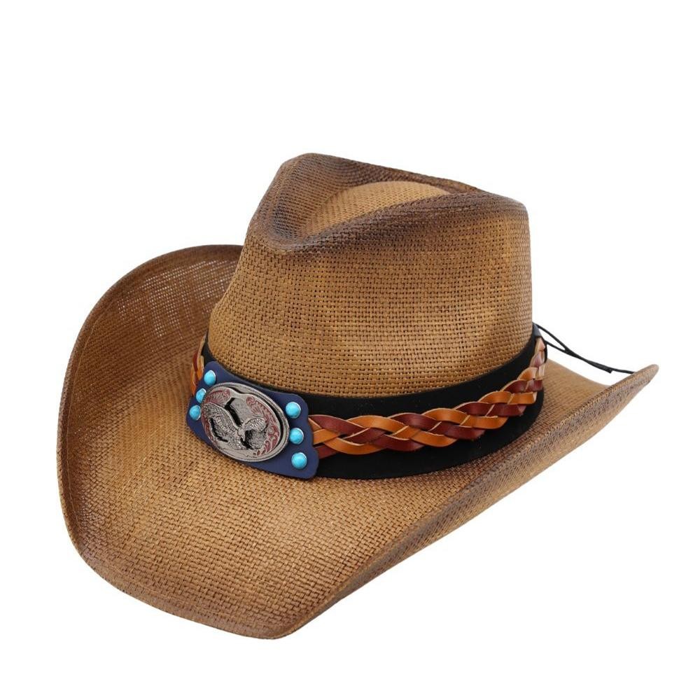 Straw Cowboy Hat With Americana Eagle Concho & Multi Color Vegan Leather Band - One Size Fits Most - 100% Paper view 4