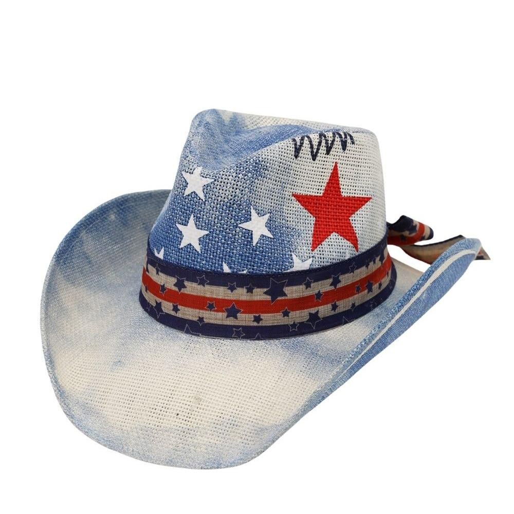 Americana Stars & Stripes Cowboy Straw Hat With Bow - One Size Fits Most - 100% Paper view 4