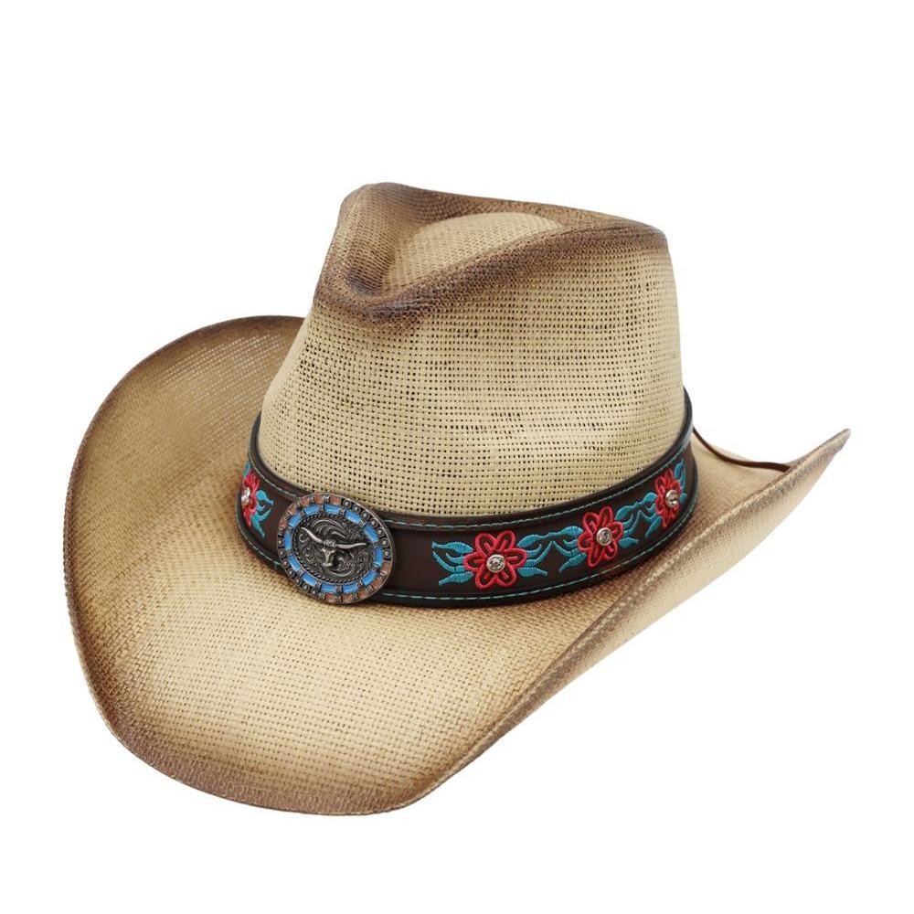Straw Cowboy Hat With Rhinestone Flower Embroidered Band & Steer Concho - One Size Fits Most - 100% Paper view 4