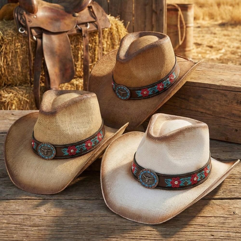 Straw Cowboy Hat With Rhinestone Flower Embroidered Band & Steer Concho - One Size Fits Most - 100% Paper view 6