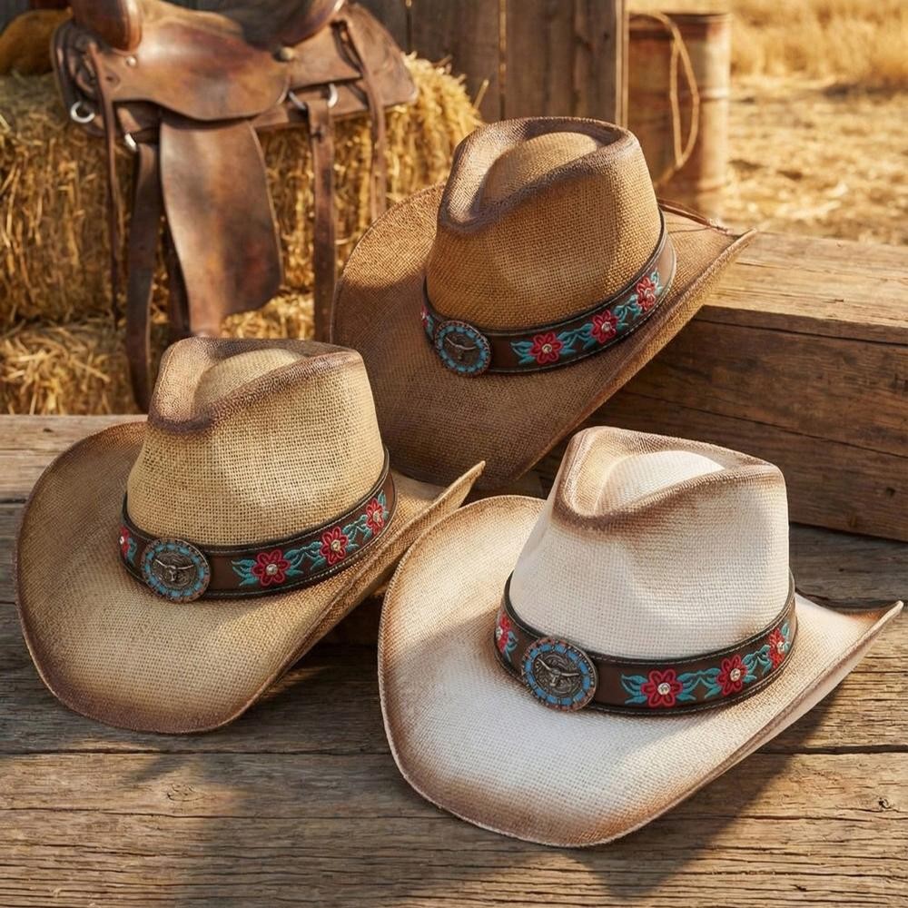 Straw Cowboy Hat With Rhinestone Flower Embroidered Band & Steer Concho - One Size Fits Most - 100% Paper view 6