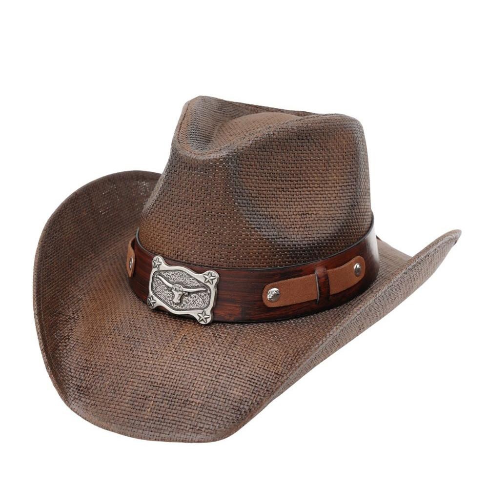 Two Tone Straw Cowboy Hat With Steer Concho - One Size Fits Most - 100% Paper view 4
