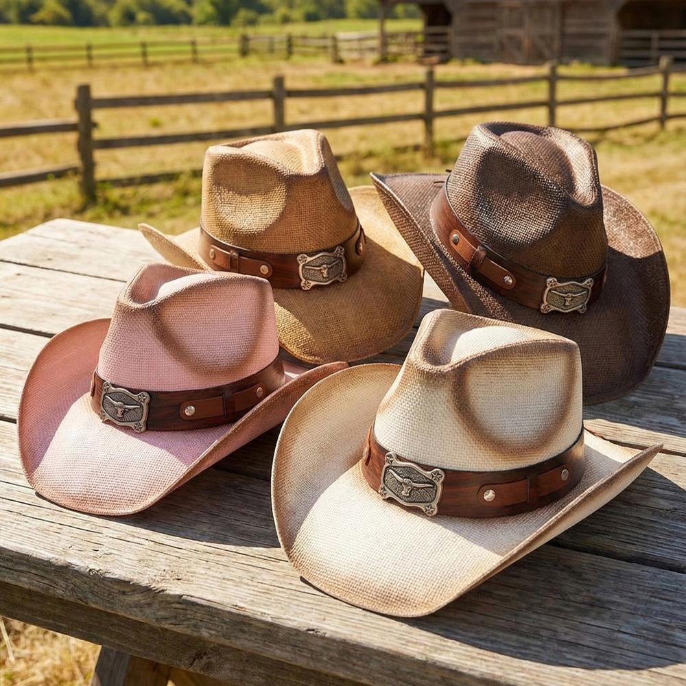 Two Tone Straw Cowboy Hat With Steer Concho - One Size Fits Most - 100% Paper view 6