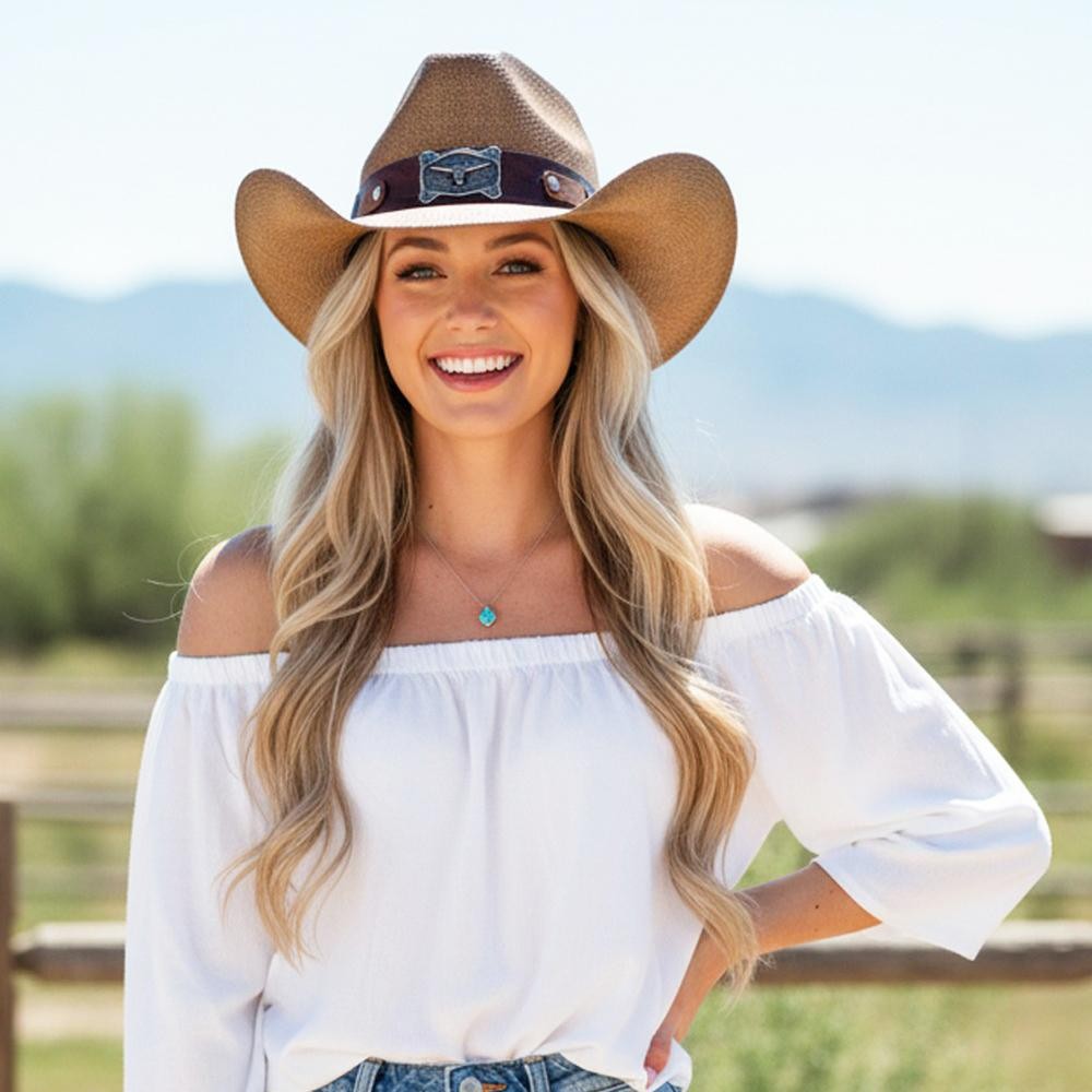 Two Tone Straw Cowboy Hat With Steer Concho - One Size Fits Most - 100% Paper view 4