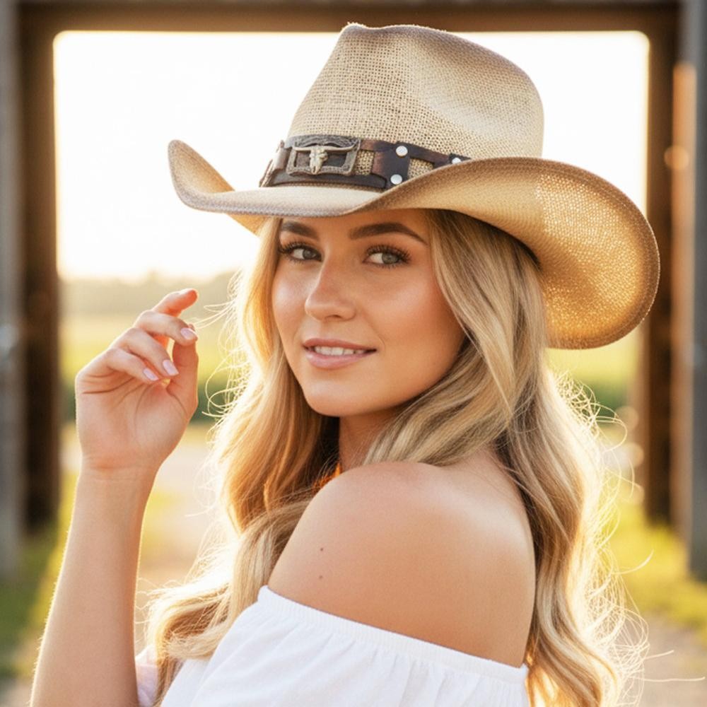 Two Tone Straw Cowboy Hat With Chain Link Studded Band & Steer Detail - One Size Fits Most - 100% Paper view 4