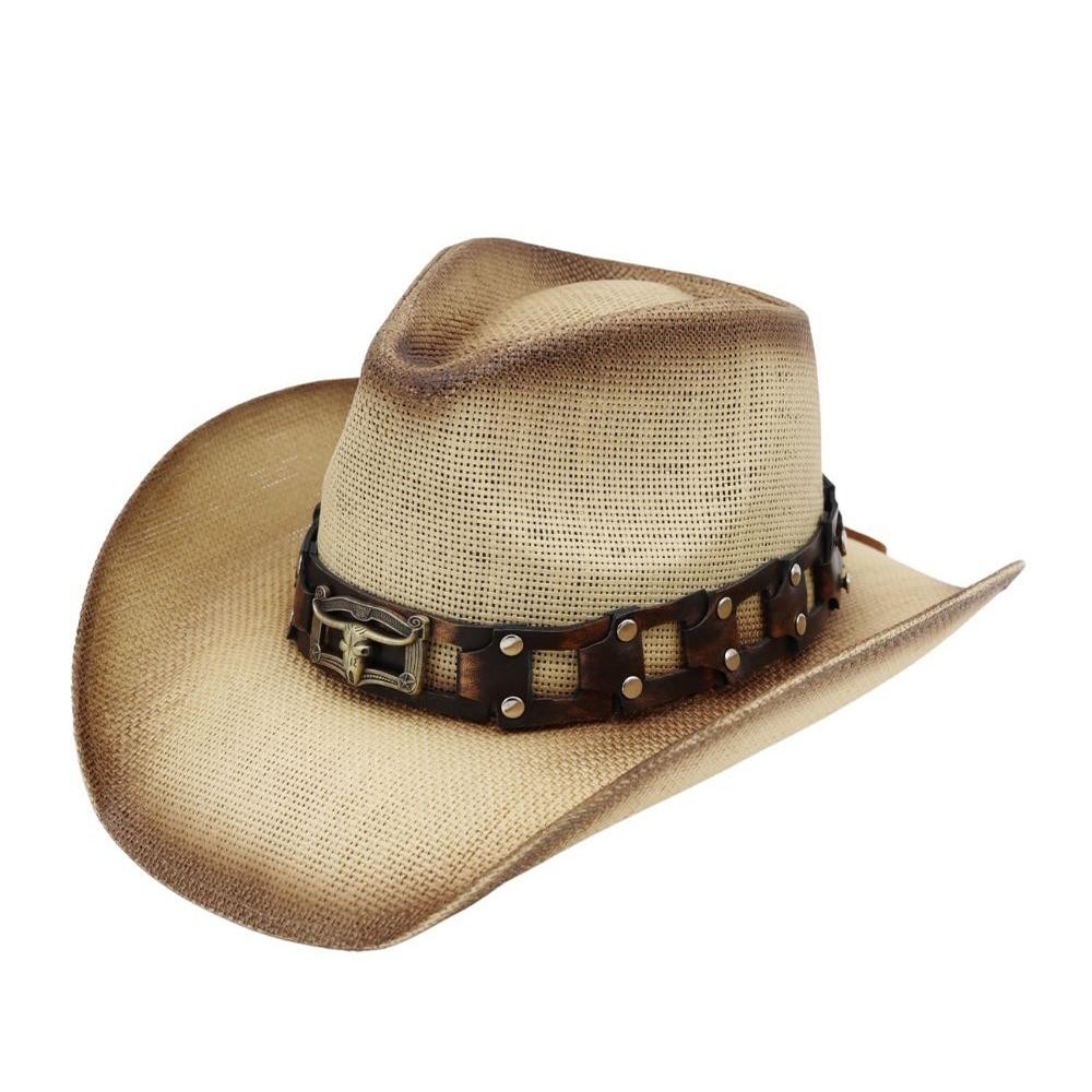 Two Tone Straw Cowboy Hat With Chain Link Studded Band & Steer Detail - One Size Fits Most - 100% Paper view 6