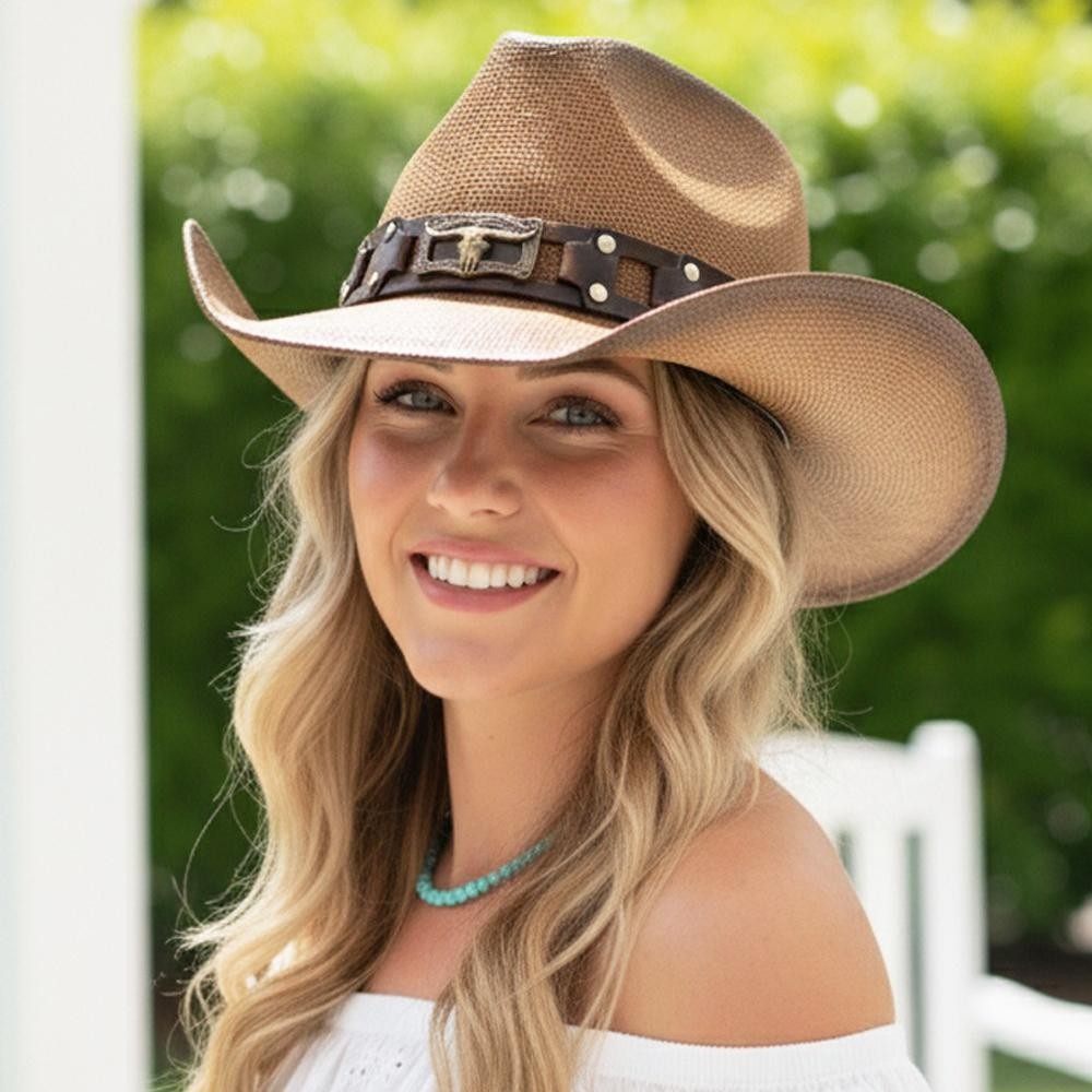 Two Tone Straw Cowboy Hat With Chain Link Studded Band & Steer Detail - One Size Fits Most - 100% Paper view 2