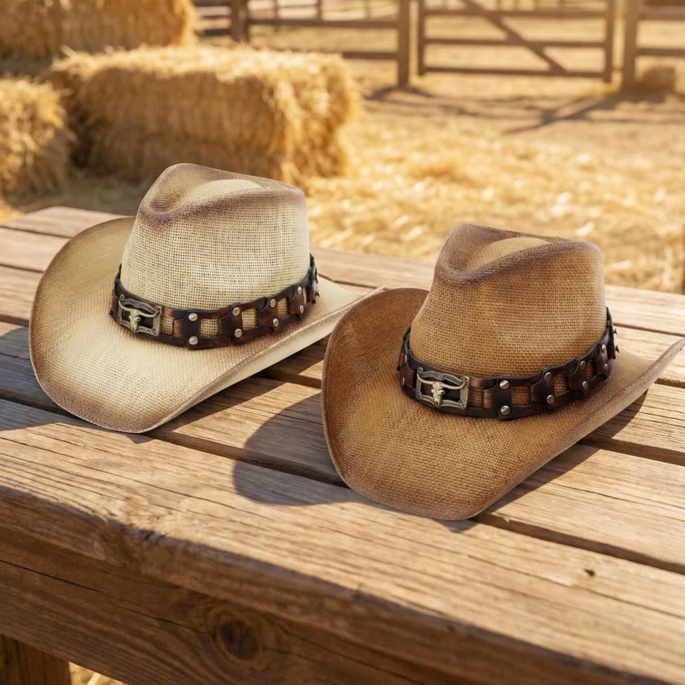 Two Tone Straw Cowboy Hat With Chain Link Studded Band & Steer Detail - One Size Fits Most - 100% Paper view 6