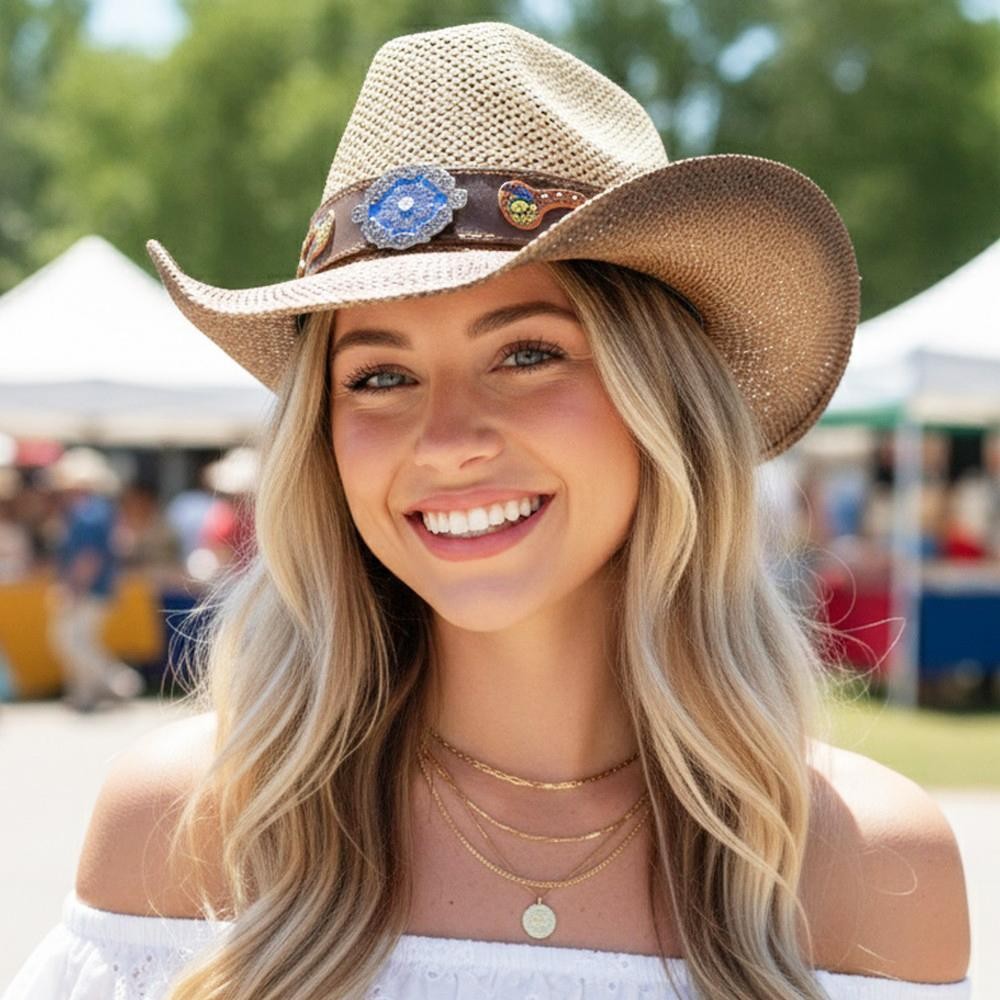 Two Tone Straw Cowboy Hat With Floral Band & Concho - One Size Fits Most - 100% Paper view 2