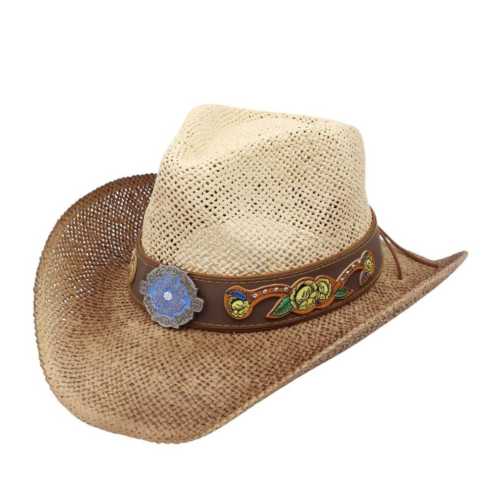 Two Tone Straw Cowboy Hat With Floral Band & Concho - One Size Fits Most - 100% Paper view 4