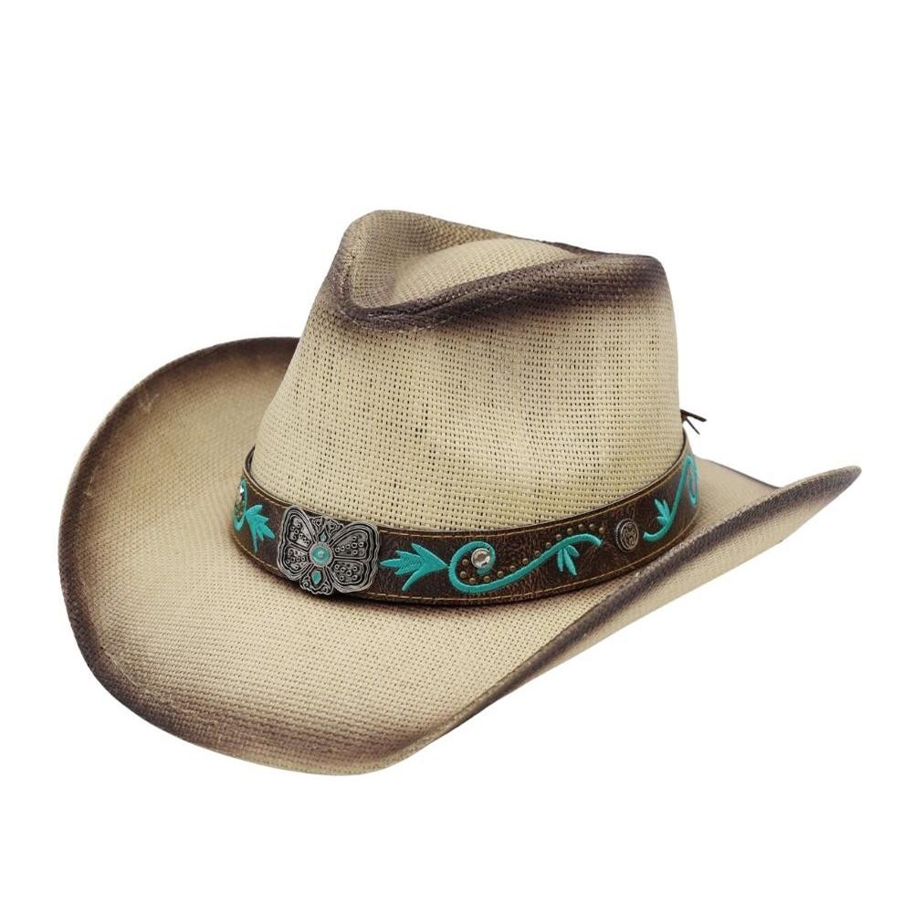 Distressed Straw Cowboy Hat With Turquoise Bloom & Butterfly Concho Band - One Size Fits - 100% Paper view 4