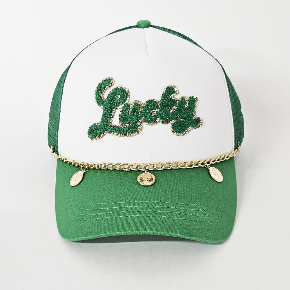 "Lucky" Glitter Chenille Patch Trucker Cap With Mesh Back & Hat Chain - One Size Fits Most - Snap Back Closure - 100% Polyester view 2