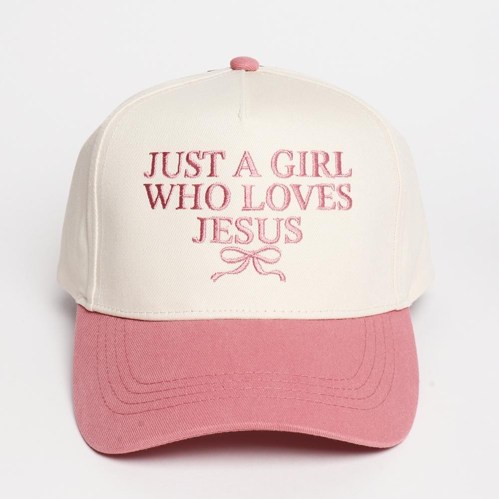 "Just A Girl Who Loves Jesus" & Bow Embroidered Two Tone Baseball Cap - One Size Fits Most - Snap Back Closure - 100% Cotton view 2