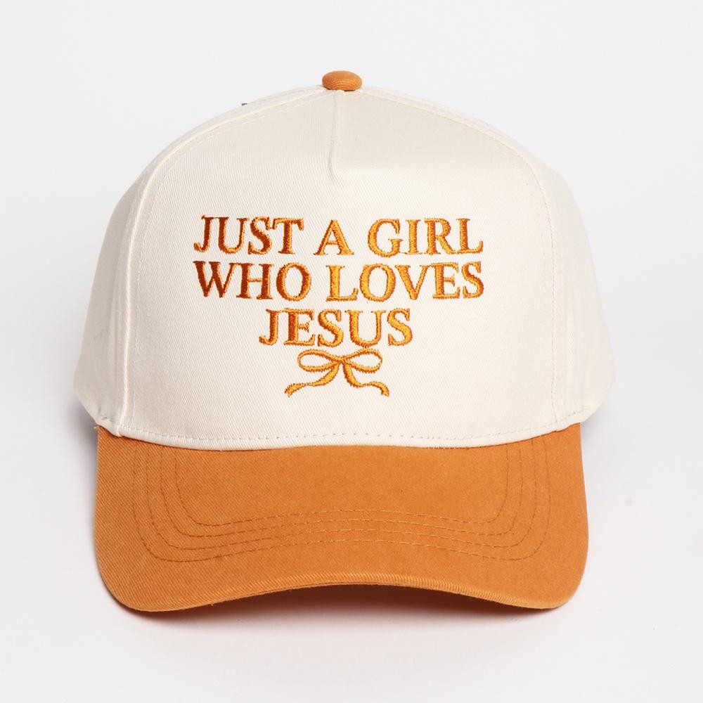 "Just A Girl Who Loves Jesus" & Bow Embroidered Two Tone Baseball Cap - One Size Fits Most - Snap Back Closure - 100% Cotton view 2