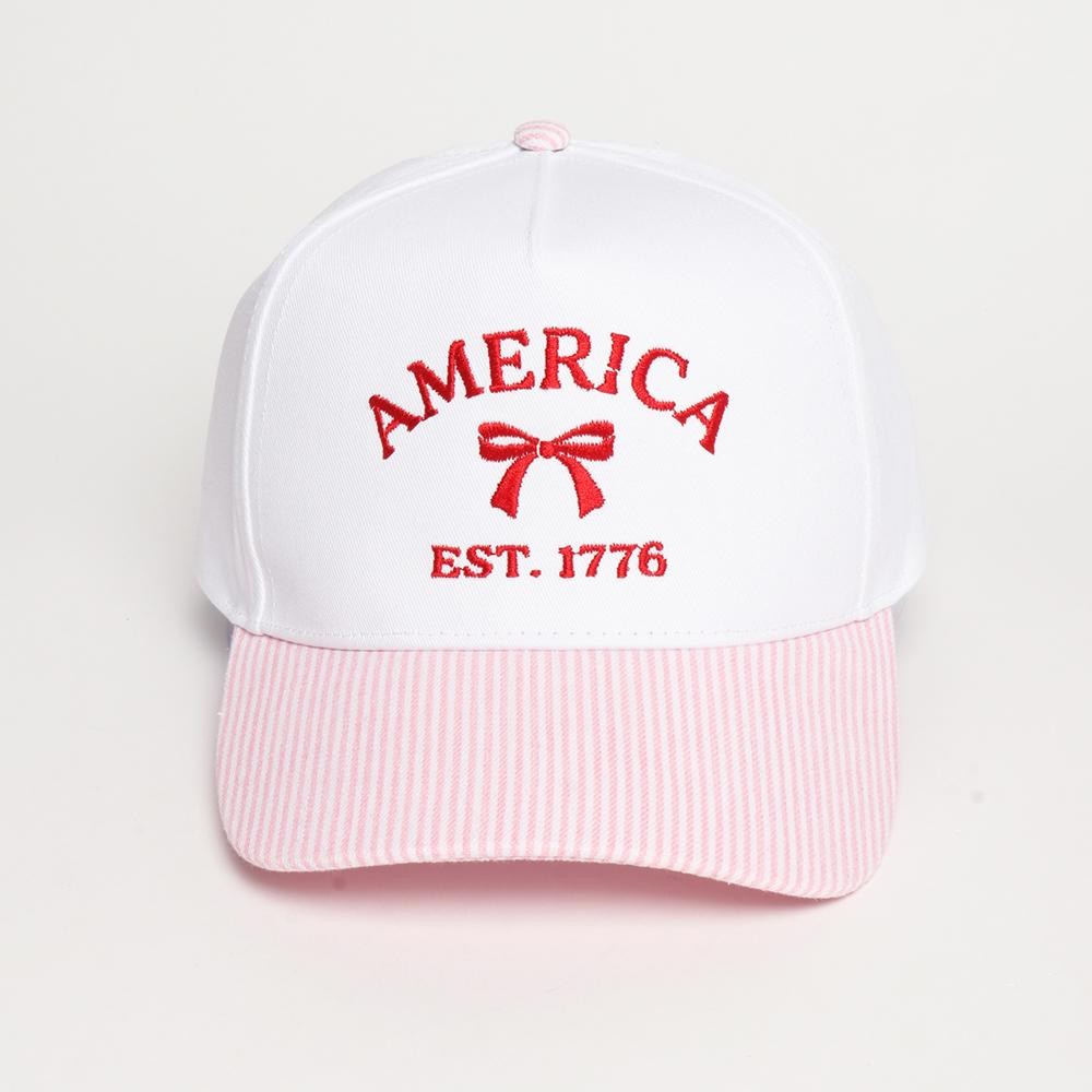 "AMERICA" & Bow Embroidered Two Tone Stripe Baseball Cap - One Size Fits Most - Snap Back Closure - 100% Cotton view 2