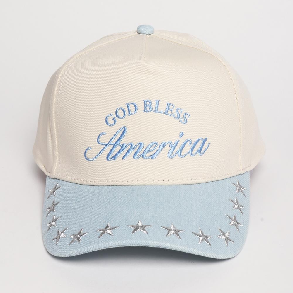 "God Bless America" Embroidered Two Tone Baseball Cap With Star Details - One Size Fits Most - Snap Back Closure - 100% Cotton view 2