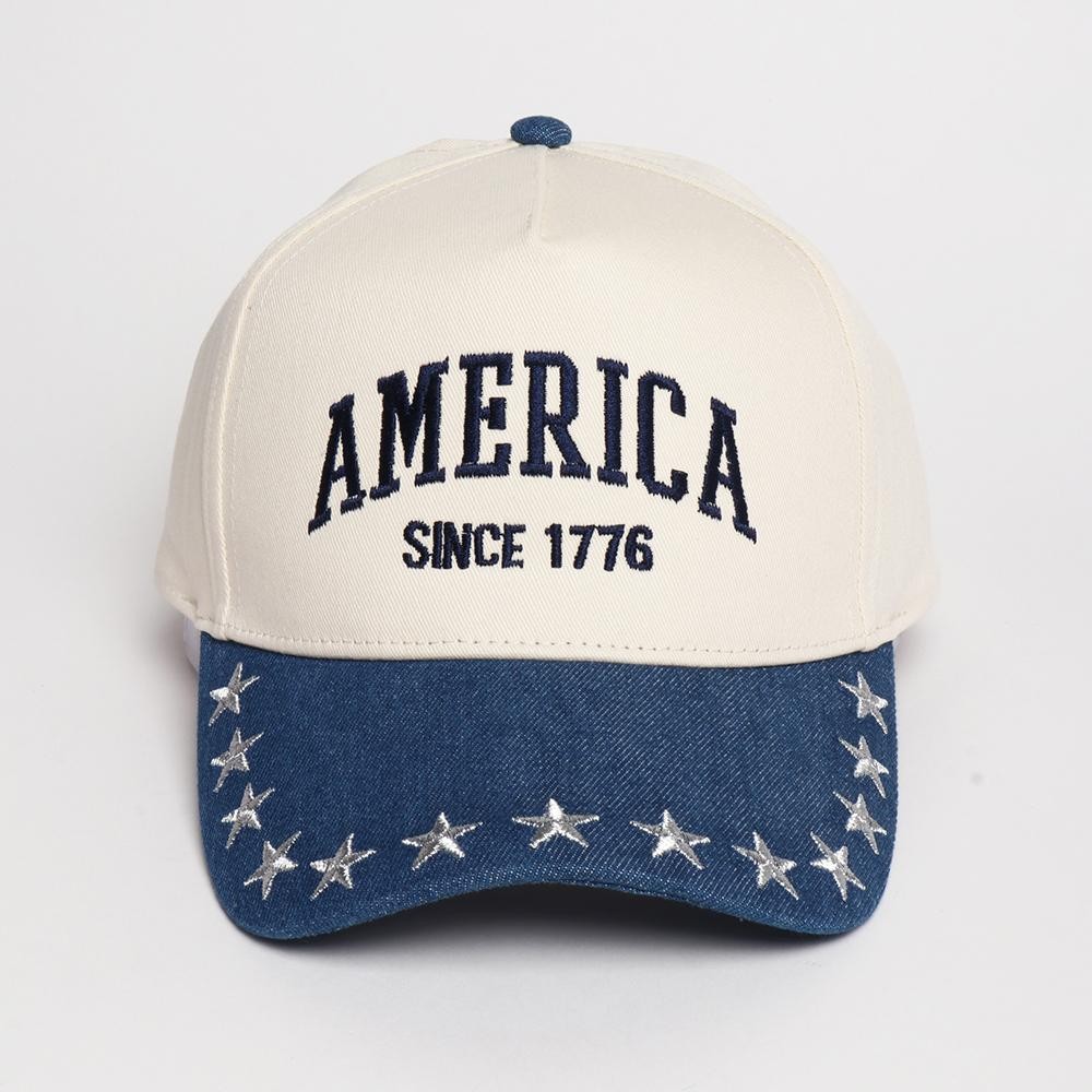 "AMERICA" Embroidered Two Tone Baseball Cap With Star Details - One Size Fits Most - Snap Back Closure - 100% Cotton view 2