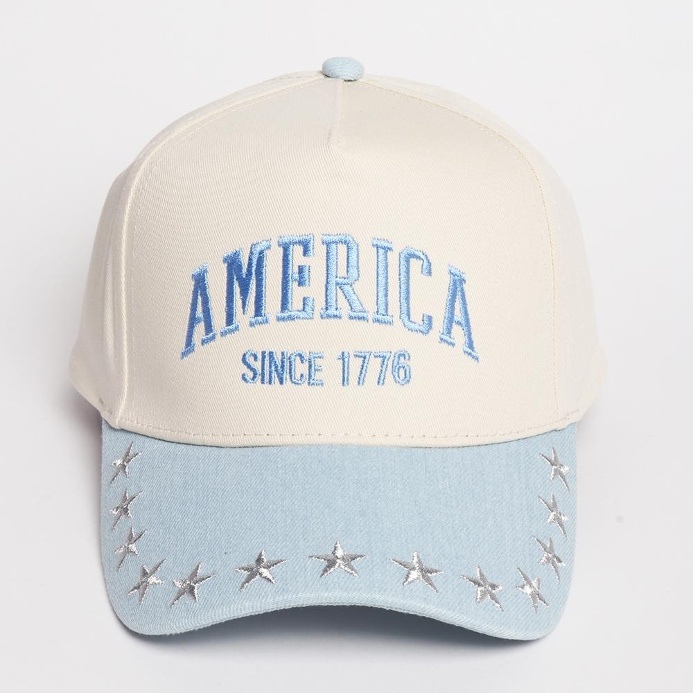 "AMERICA" Embroidered Two Tone Baseball Cap With Star Details - One Size Fits Most - Snap Back Closure - 100% Cotton view 2