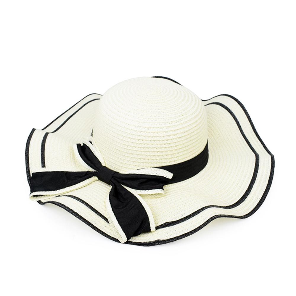 Two Tone Straw Sun Hat With Bow - One Size Fits Most view 2