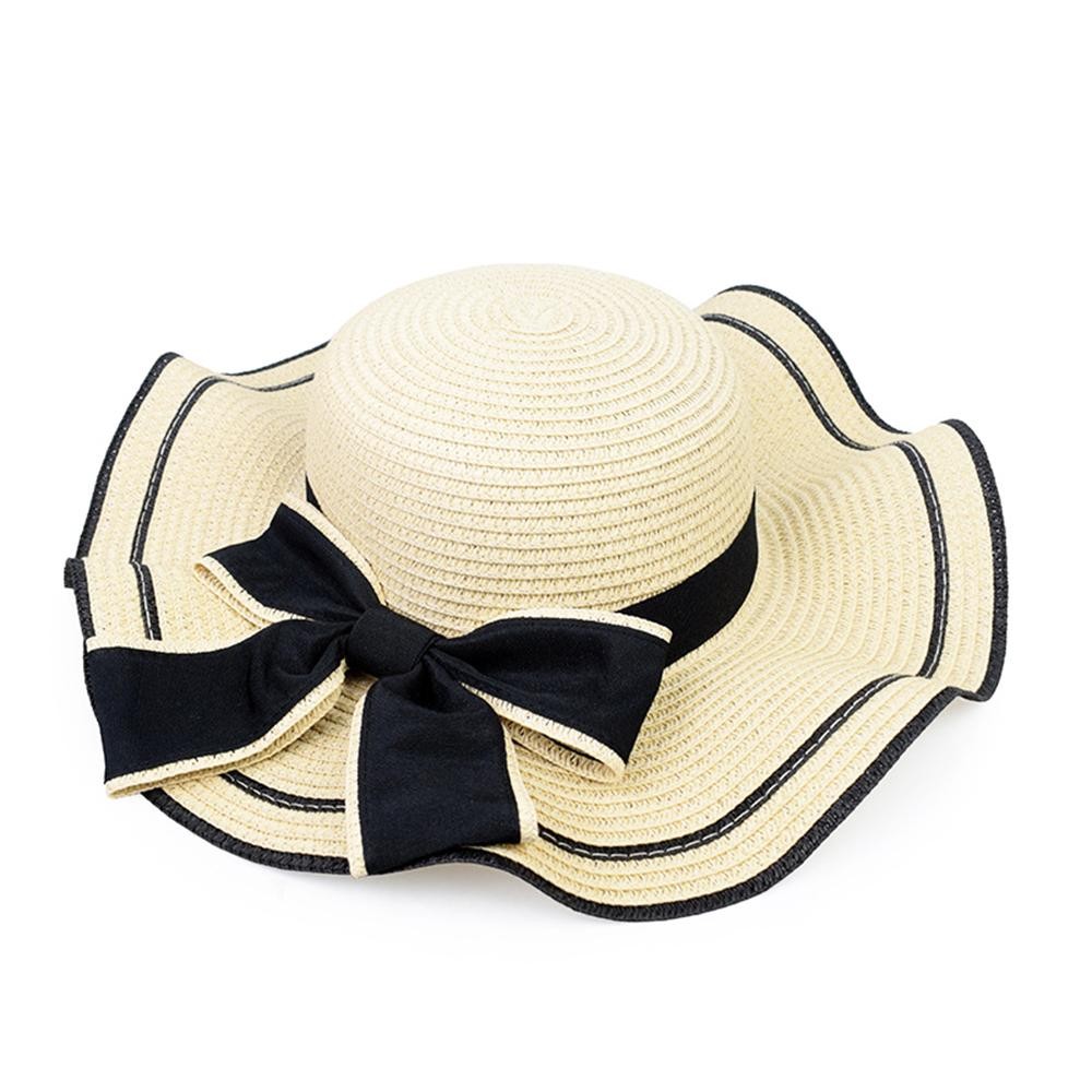 Two Tone Straw Sun Hat With Bow - One Size Fits Most view 2