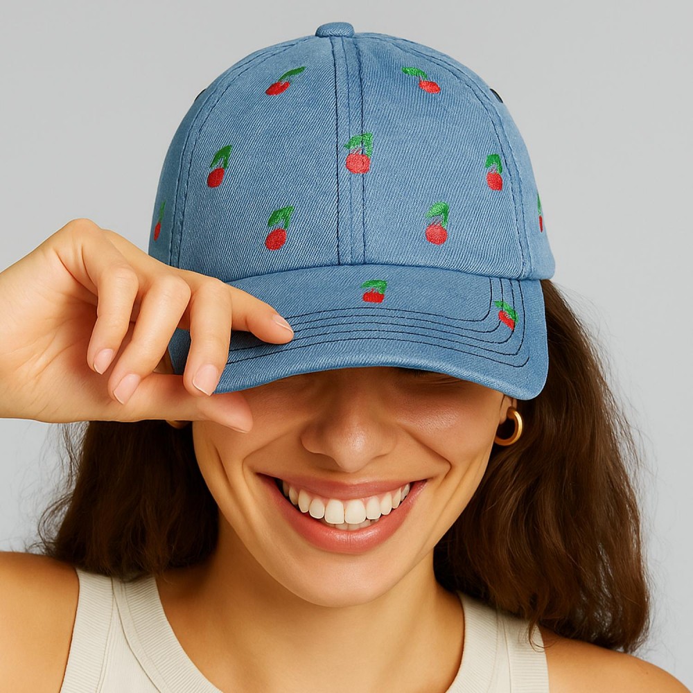 Do Everything In Love Denim Baseball Cap With Embroidered Cherries - One Size Fits Most - 100% Cotton view 2