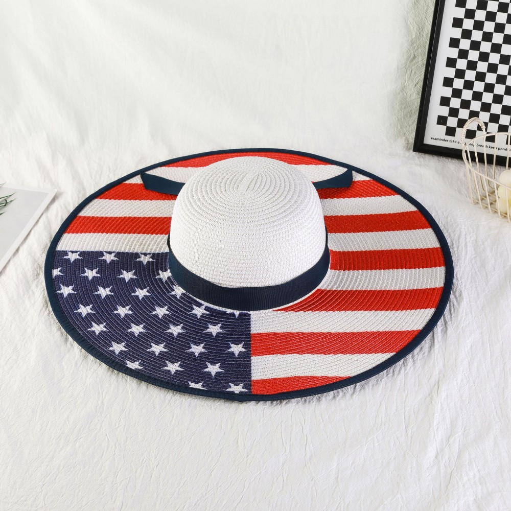 Wide Brim American Flag Straw Sun Hat - One Size - 100% Paper view 2