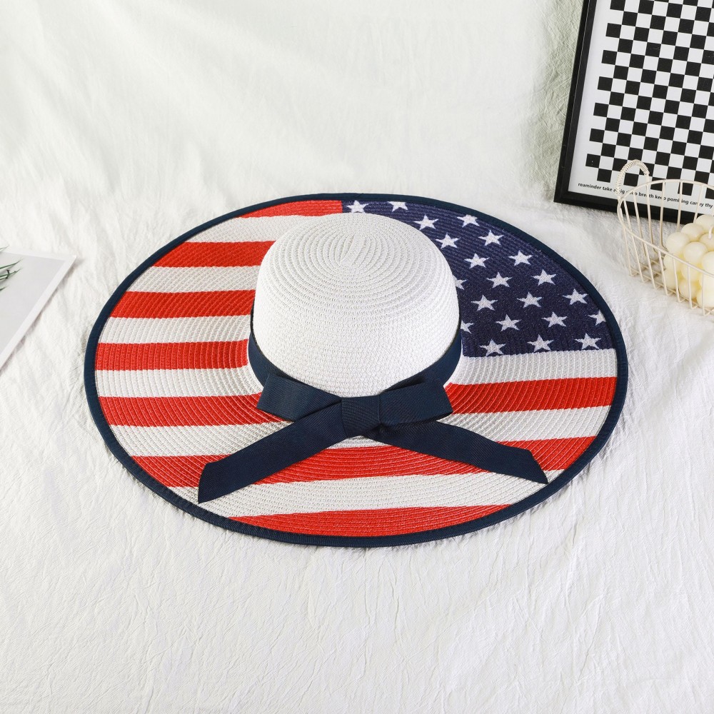 Wide Brim American Flag Straw Sun Hat - One Size - 100% Paper view 4