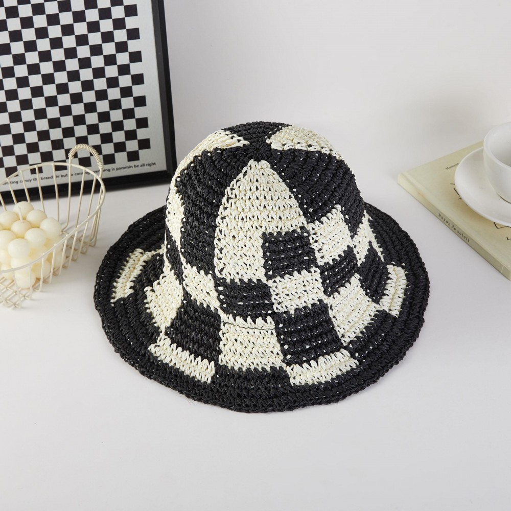 Woven Paper Straw Bucket Hat Featuring Two Tone Plaid - One Size Fits Most ( Adjustable Drawstring) -Brim Approximately 3" L - 100% Paper view 2