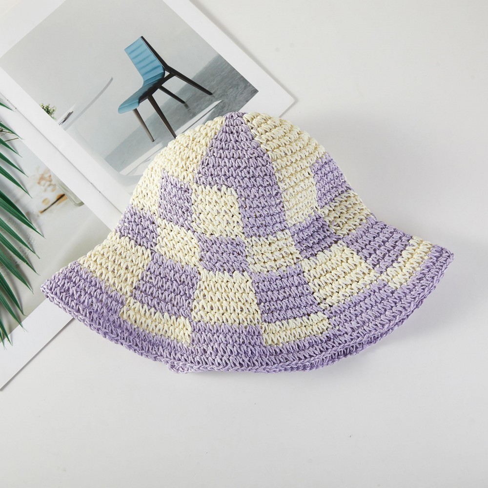 Woven Paper Straw Bucket Hat Featuring Two Tone Plaid - One Size Fits Most ( Adjustable Drawstring) -Brim Approximately 3" L - 100% Paper view 4
