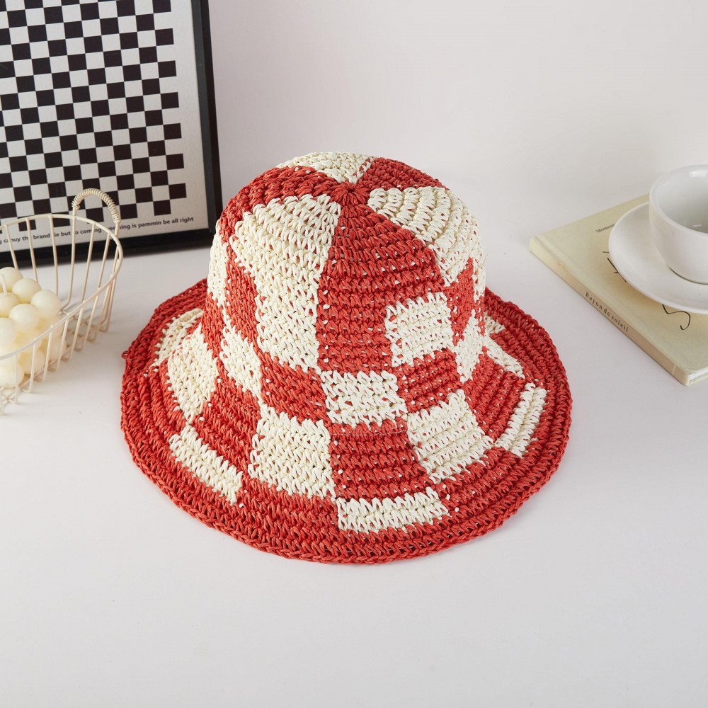 Woven Paper Straw Bucket Hat Featuring Two Tone Plaid - One Size Fits Most ( Adjustable Drawstring) -Brim Approximately 3" L - 100% Paper view 2